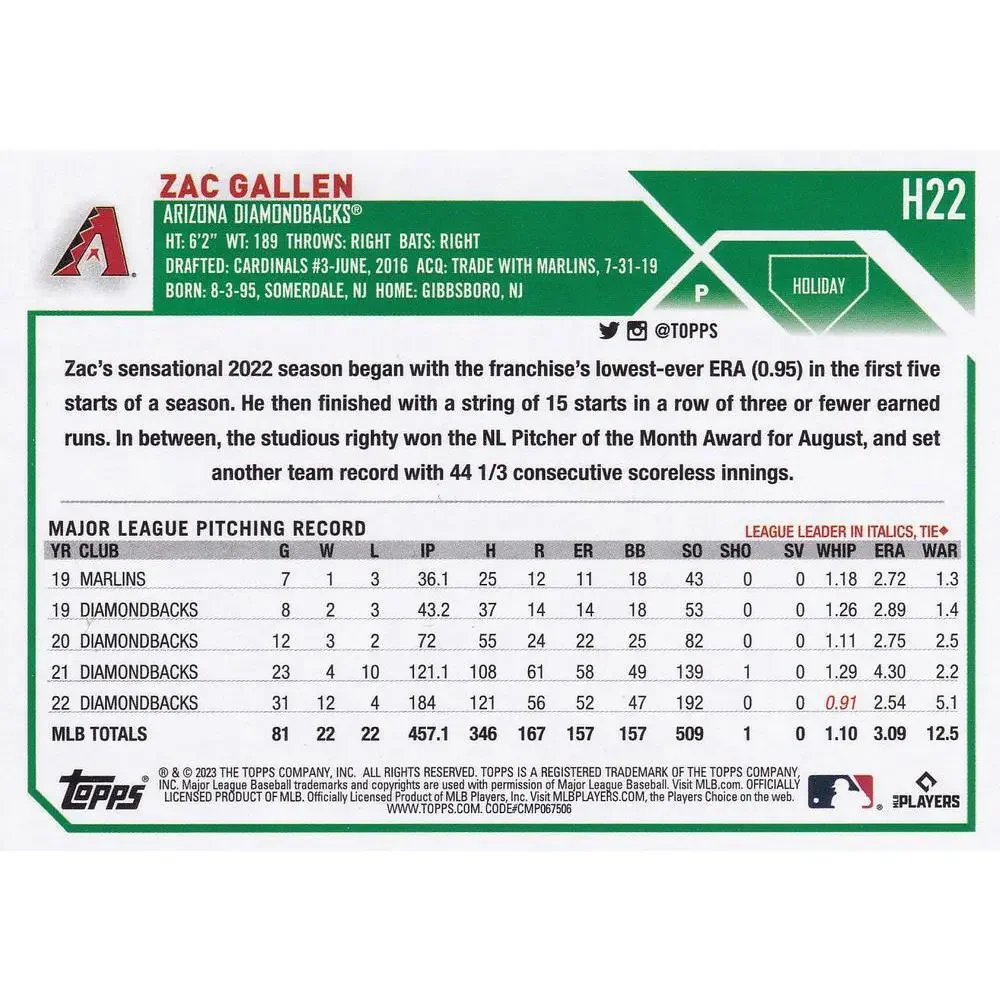 2023 Topps Holiday Zac Gallen H22 Arizona Diamondbacks